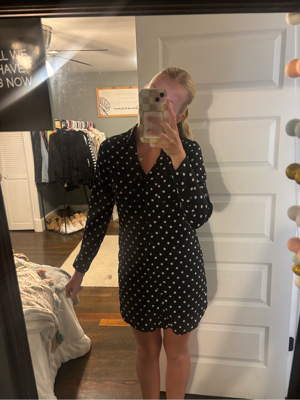Express Black Polka Dot Long-Sleeve Dress